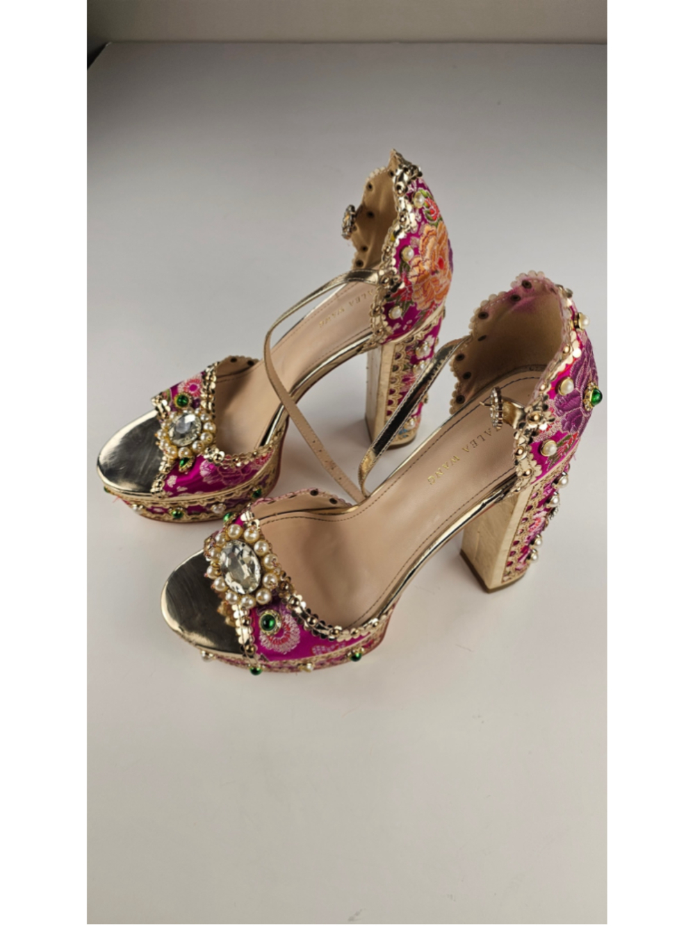 Embellished Pink Floral Platform Heels by ALTAIR WANG - Picture 3 of 8